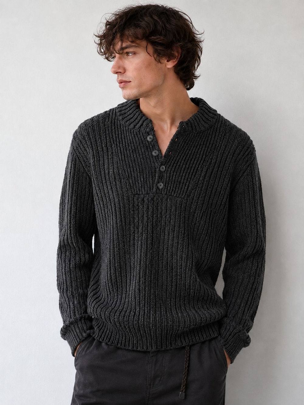EDDIE BAUER 100% Cotton Men's XL Black Ribbed Henley Knit Sweater Heavy Textured